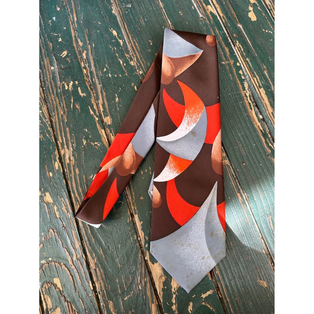 Vintage Barons of New York Palm Beach 70s Geometric Abstract Brown Orange Tie